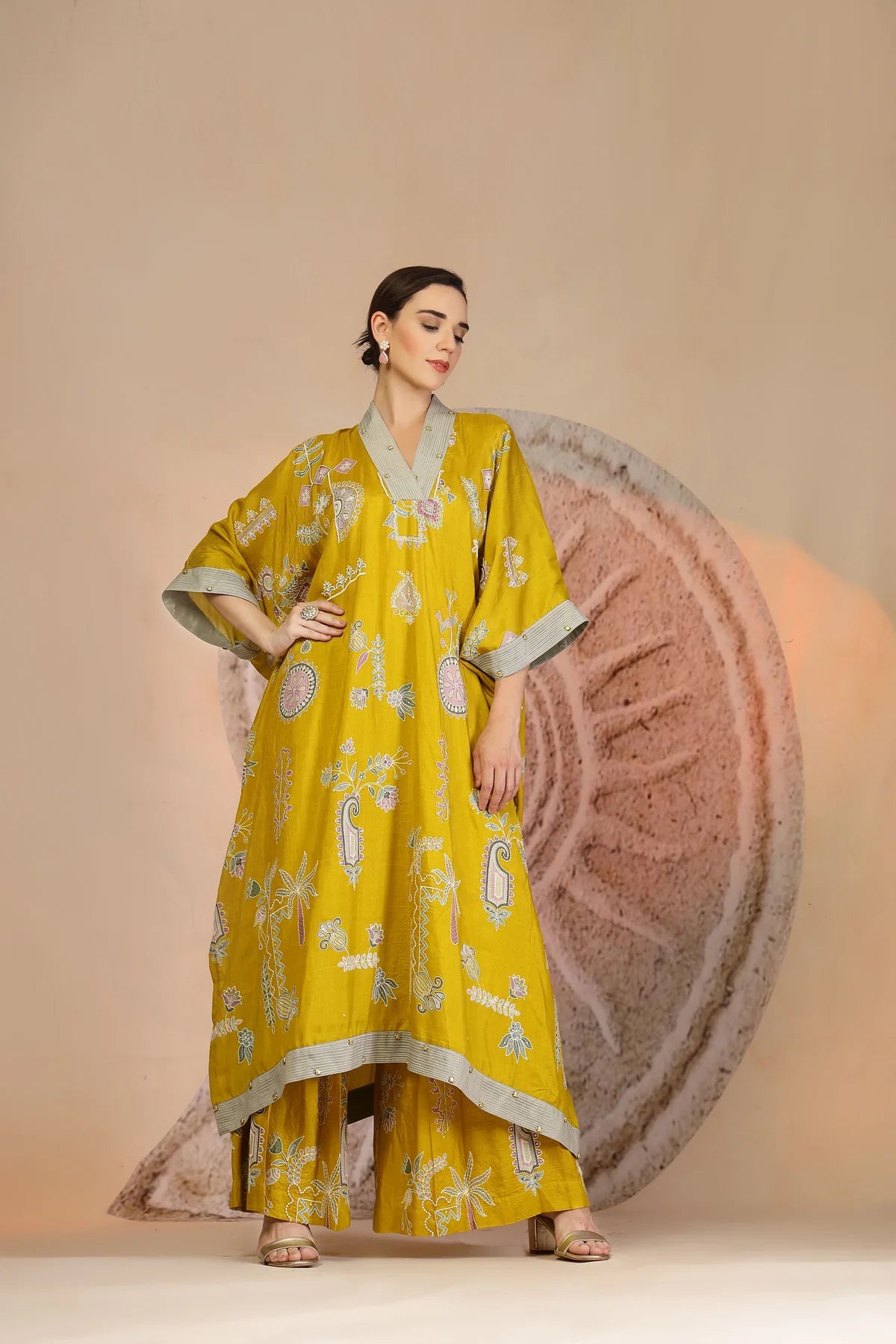 Mustard Yellow Slub Cotton Kaftan Set with Tribal Patchwork & Metallic Accents