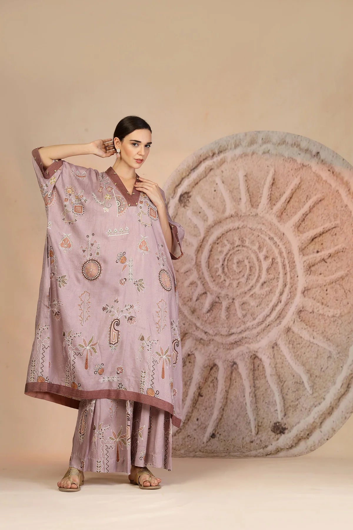 Mauve Slub Cotton Kaftan Kurta Set with Tribal Patchwork & Metallic Detailing