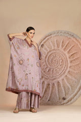 Mauve Slub Cotton Kaftan Kurta Set with Tribal Patchwork & Metallic Detailing