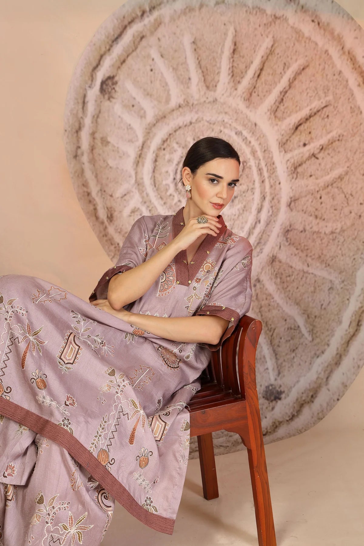 Mauve Slub Cotton Kaftan Kurta Set with Tribal Patchwork & Metallic Detailing
