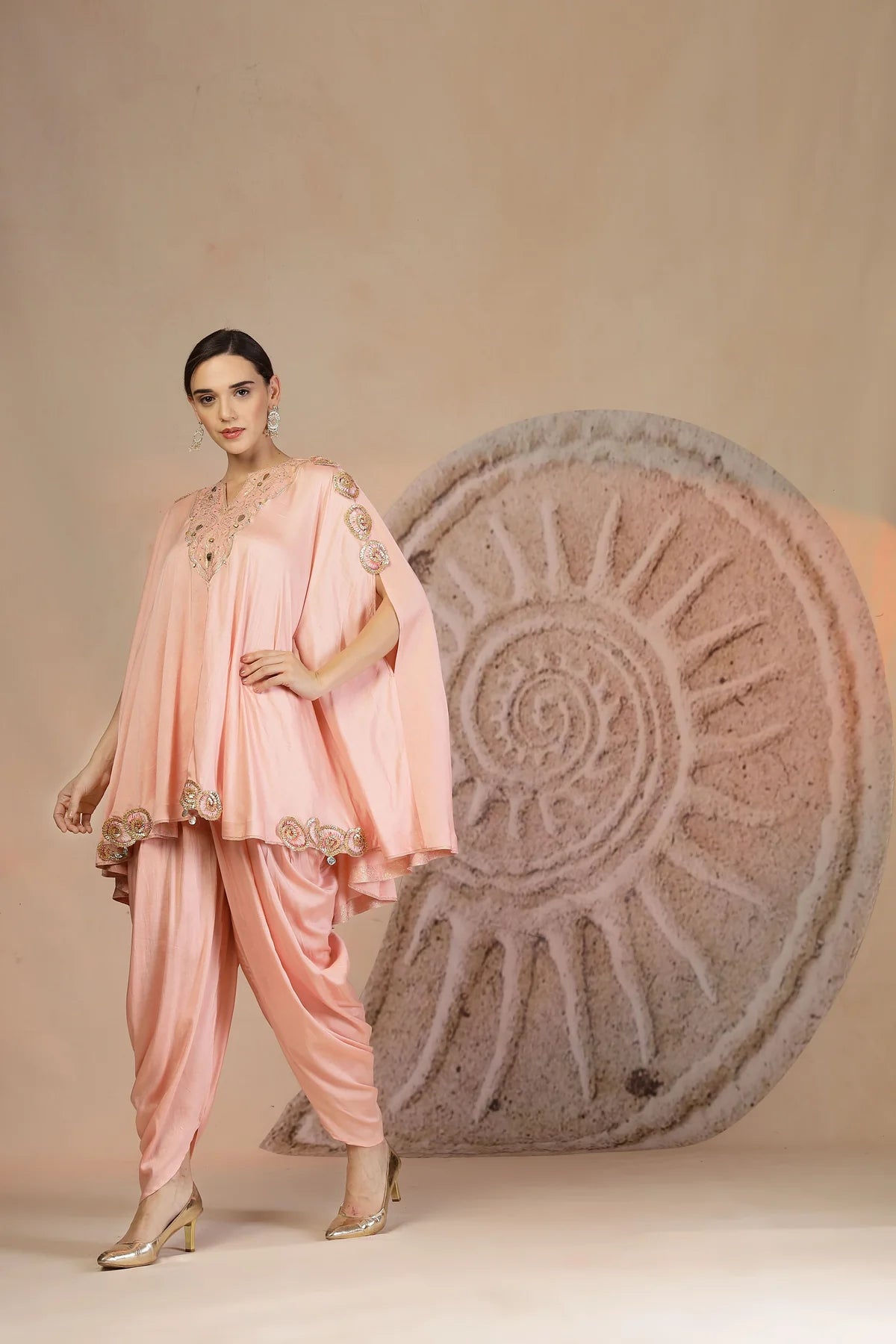 Powder Pink Silk Peplum Kurta Set with Tulip Pants & Leather Detailing