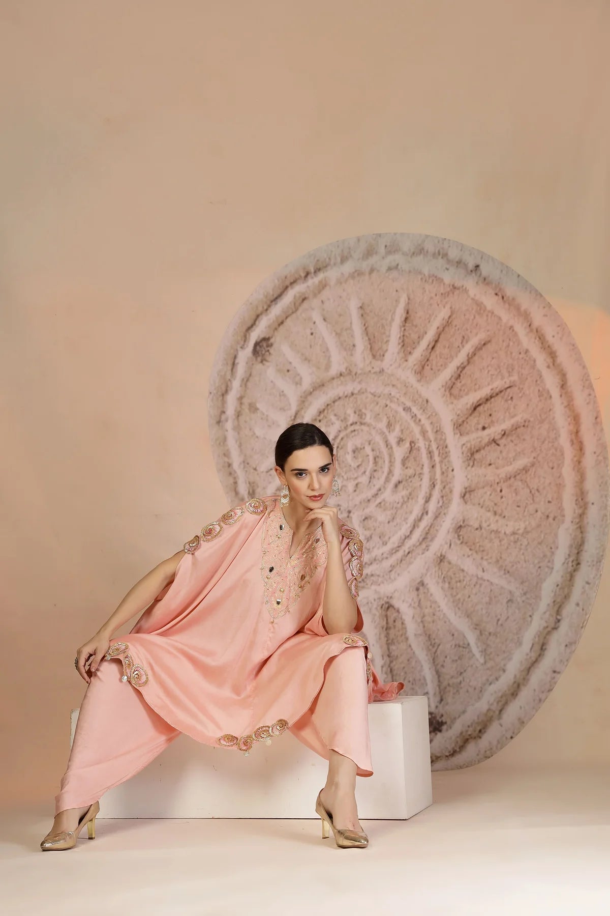 Powder Pink Silk Peplum Kurta Set with Tulip Pants & Leather Detailing
