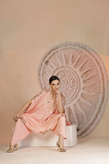 Powder Pink Silk Peplum Kurta Set with Tulip Pants & Leather Detailing