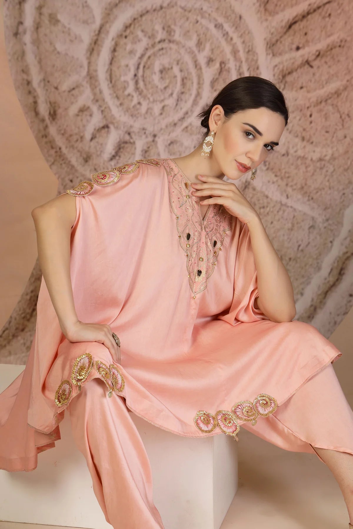 Powder Pink Silk Peplum Kurta Set with Tulip Pants & Leather Detailing
