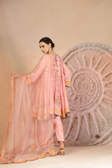 Floral Appliqué Kurta Set in Powder Pink with Organza Dupatta & Farsi Salwar