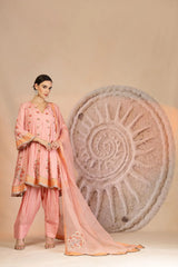Floral Appliqué Kurta Set in Powder Pink with Organza Dupatta & Farsi Salwar