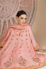 Floral Appliqué Kurta Set in Powder Pink with Organza Dupatta & Farsi Salwar