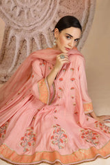 Floral Appliqué Kurta Set in Powder Pink with Organza Dupatta & Farsi Salwar