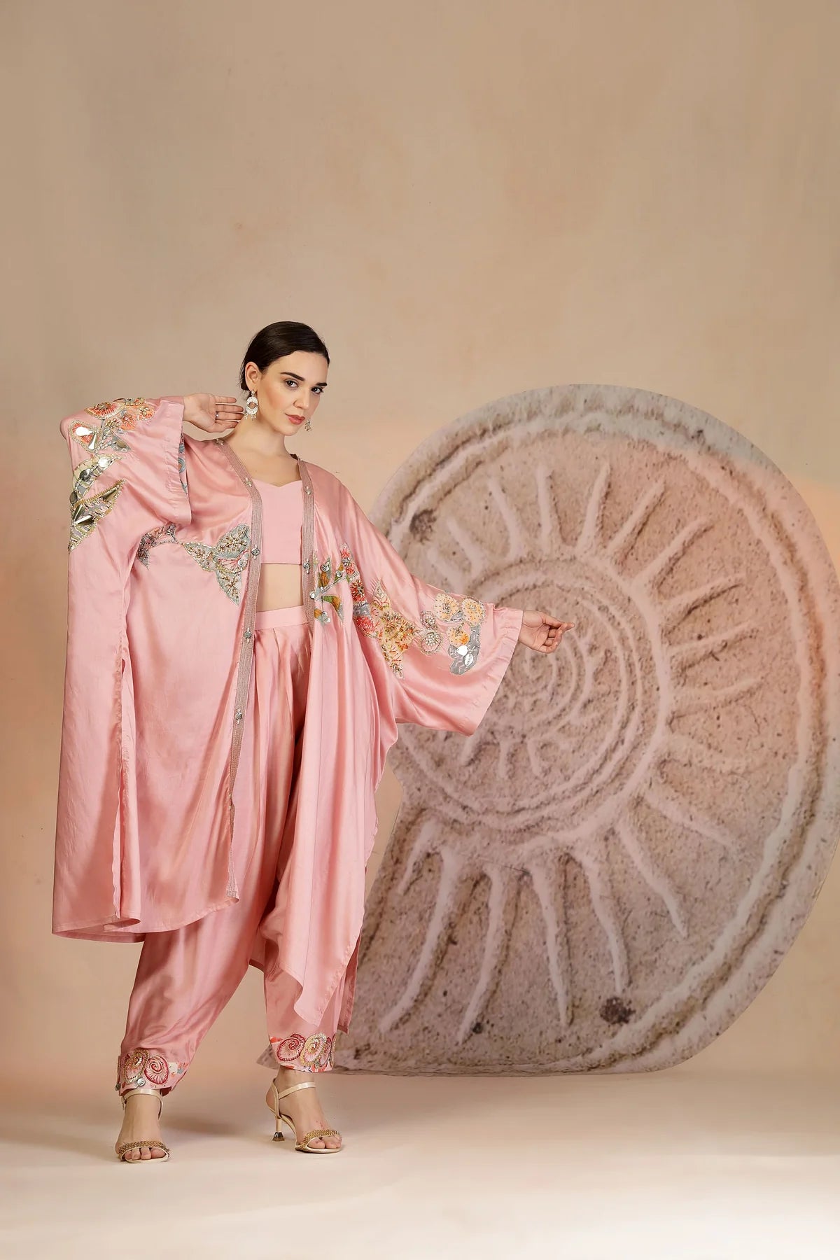 Powder Pink Structured Bustier Set with Embroidered Cape & Farshi Pants