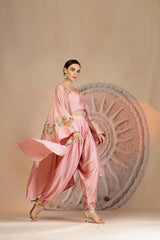 Powder Pink Structured Bustier Set with Embroidered Cape & Farshi Pants