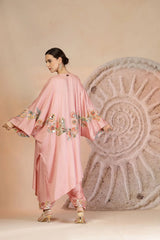 Powder Pink Structured Bustier Set with Embroidered Cape & Farshi Pants