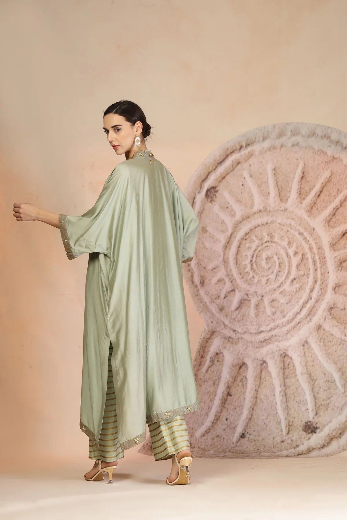 Pista Green Embroidered Kurta Set with Horizontal Stripe Pants in Muslin Silk