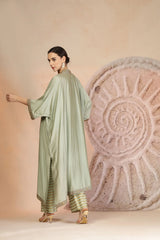 Pista Green Embroidered Kurta Set with Horizontal Stripe Pants in Muslin Silk