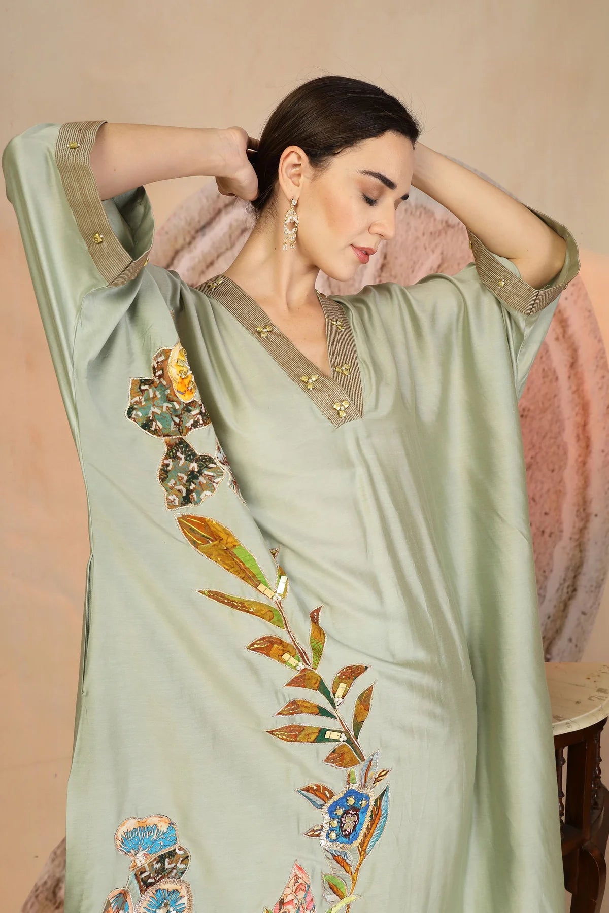 Pista Green Embroidered Kurta Set with Horizontal Stripe Pants in Muslin Silk