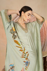 Pista Green Embroidered Kurta Set with Horizontal Stripe Pants in Muslin Silk