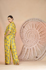 Vibrant Yellow 3-Piece Muslin Co-ord with Coral Print & Pearl Beadwork