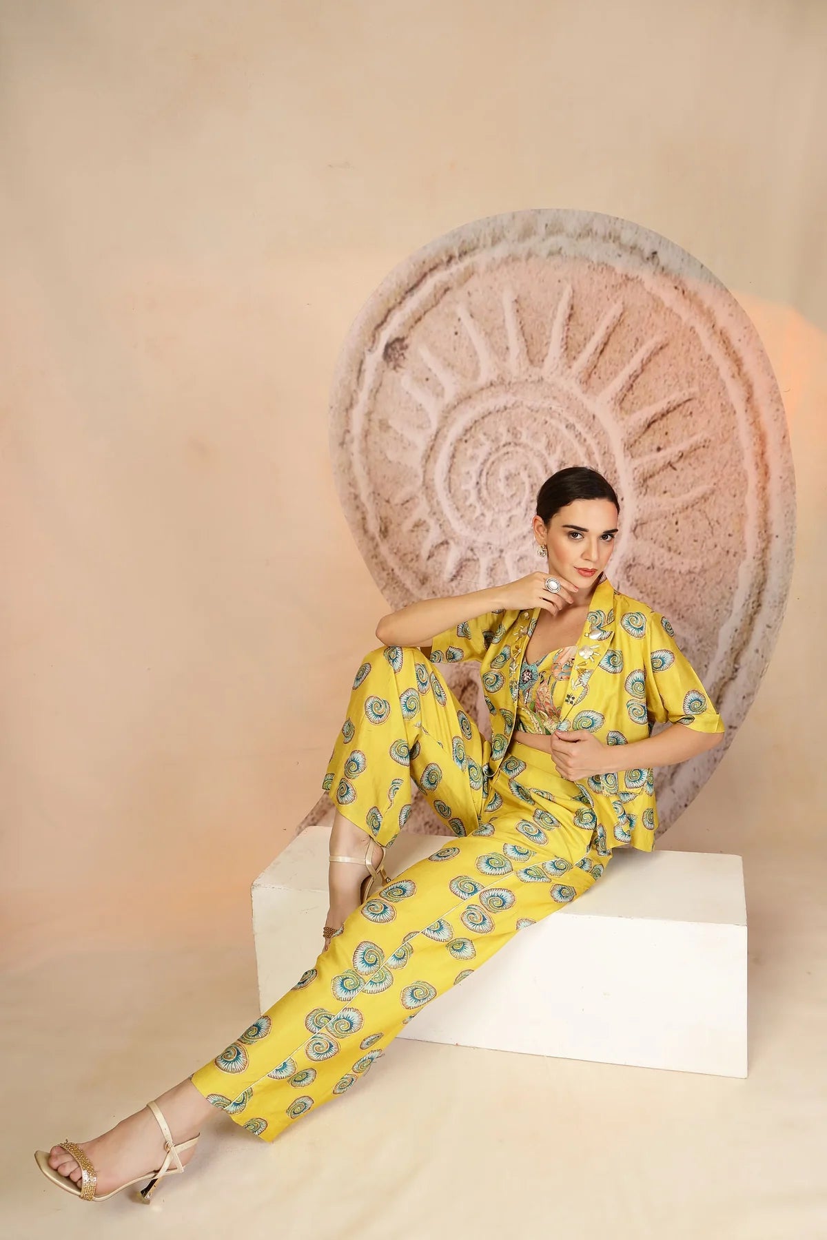 Vibrant Yellow 3-Piece Muslin Co-ord with Coral Print & Pearl Beadwork