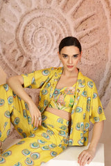 Vibrant Yellow 3-Piece Muslin Co-ord with Coral Print & Pearl Beadwork