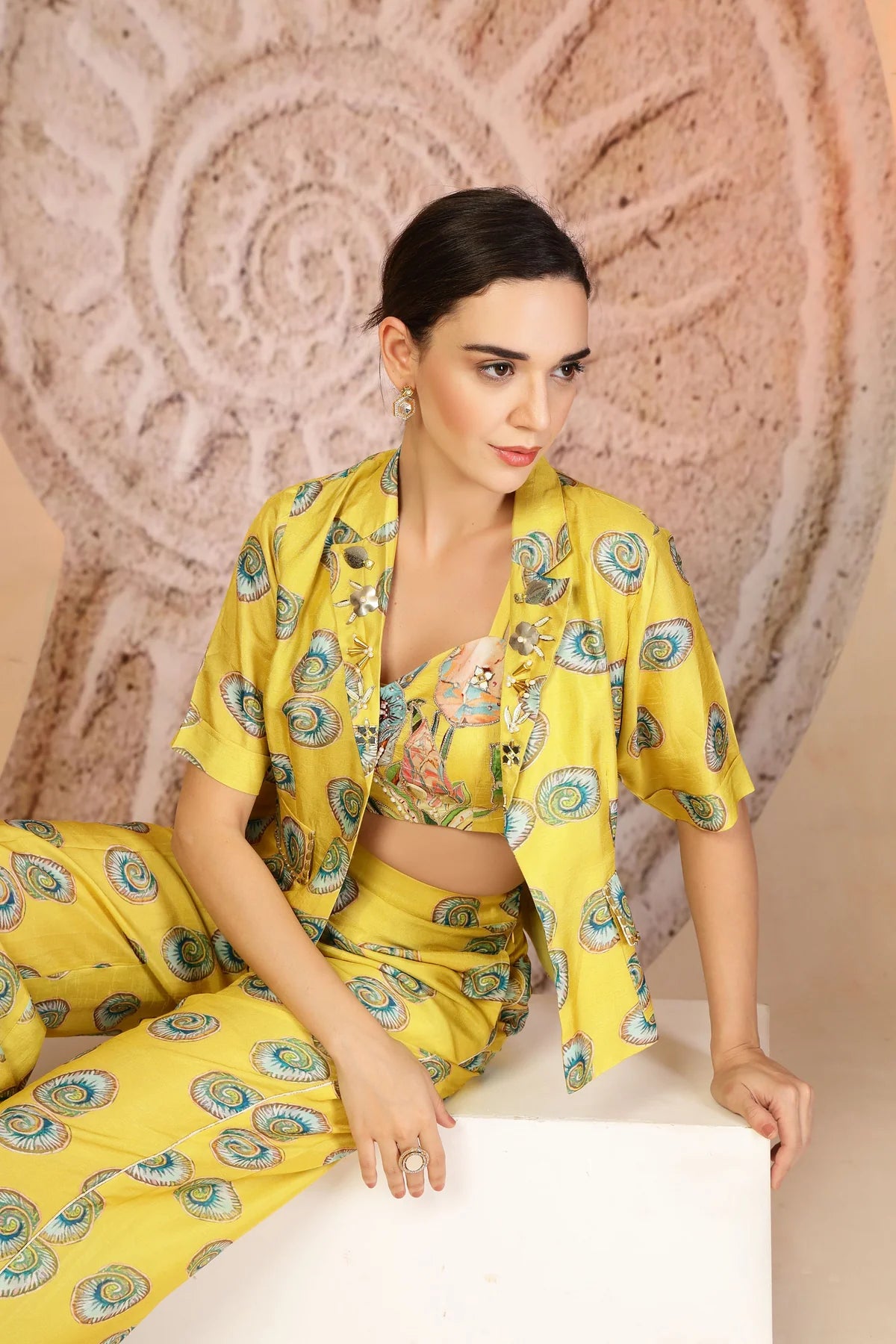 Vibrant Yellow 3-Piece Muslin Co-ord with Coral Print & Pearl Beadwork