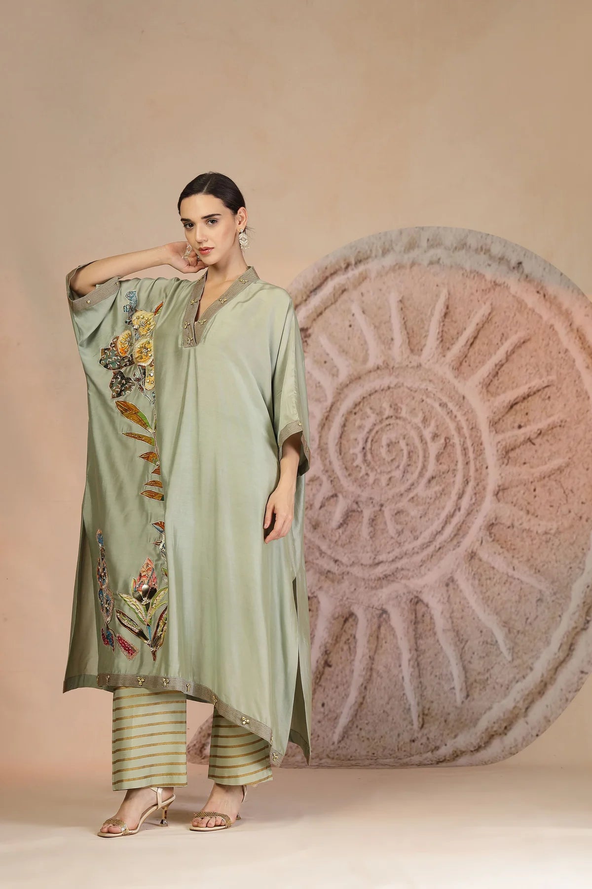Pista Green Embroidered Kurta Set with Horizontal Stripe Pants in Muslin Silk