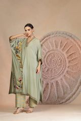 Pista Green Embroidered Kurta Set with Horizontal Stripe Pants in Muslin Silk