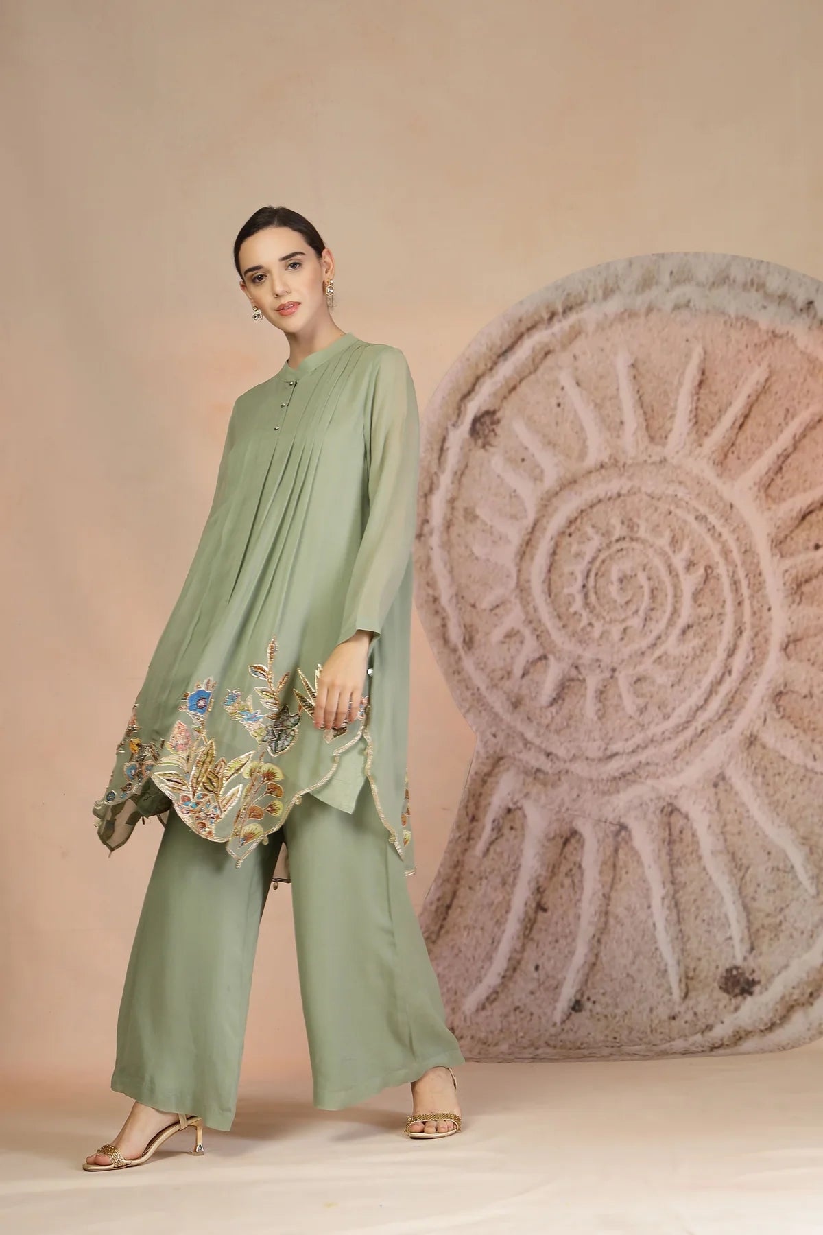 Embroidered Pista Green Indo-Western Set with Palazzo Pants
