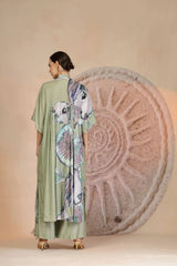 Pista Green Muslin Silk Kurta Set with Coral Print & Bead Embroidery