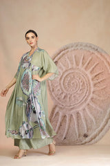 Pista Green Muslin Silk Kurta Set with Coral Print & Bead Embroidery