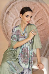 Pista Green Muslin Silk Kurta Set with Coral Print & Bead Embroidery