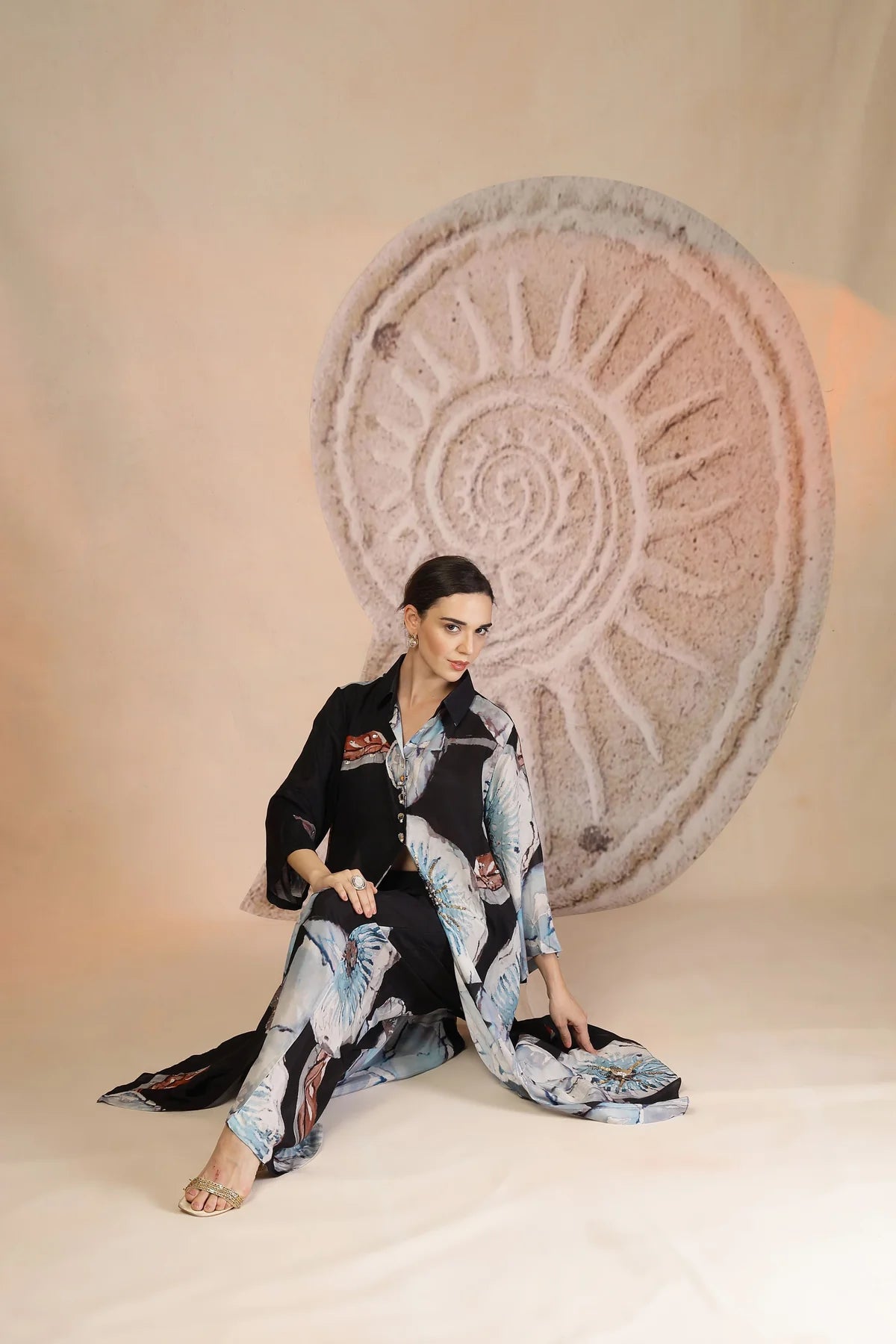 Charcoal Black Muslin Silk Kurta Set with Coral Print & Bead Embroidery