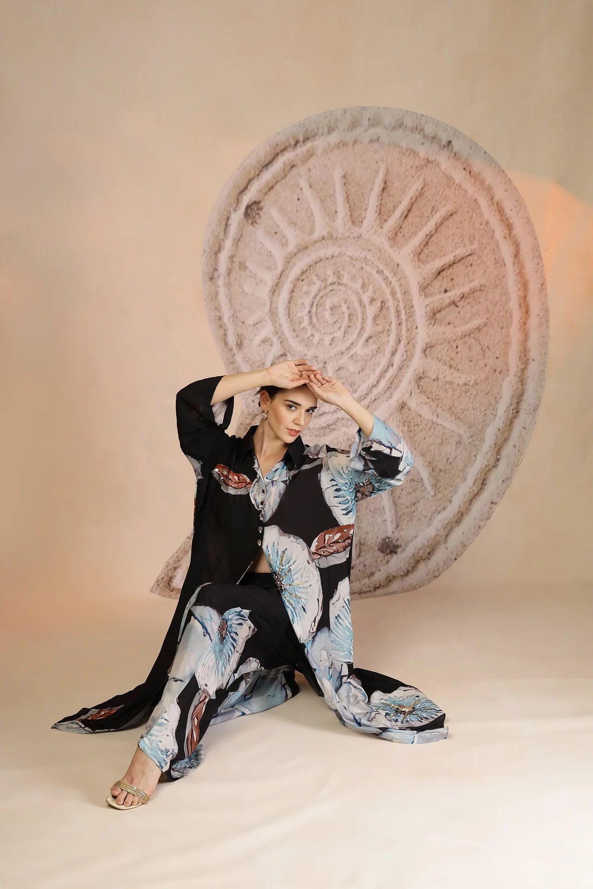 Charcoal Black Muslin Silk Kurta Set with Coral Print & Bead Embroidery