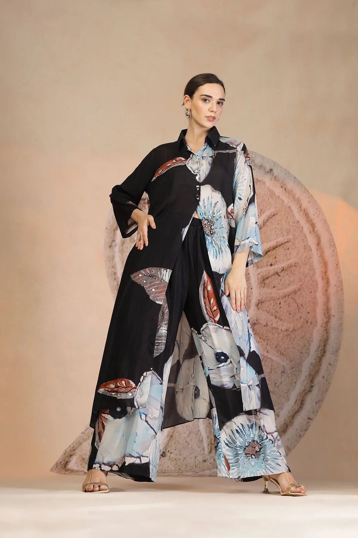 Charcoal Black Muslin Silk Kurta Set with Coral Print & Bead Embroidery