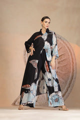 Charcoal Black Muslin Silk Kurta Set with Coral Print & Bead Embroidery