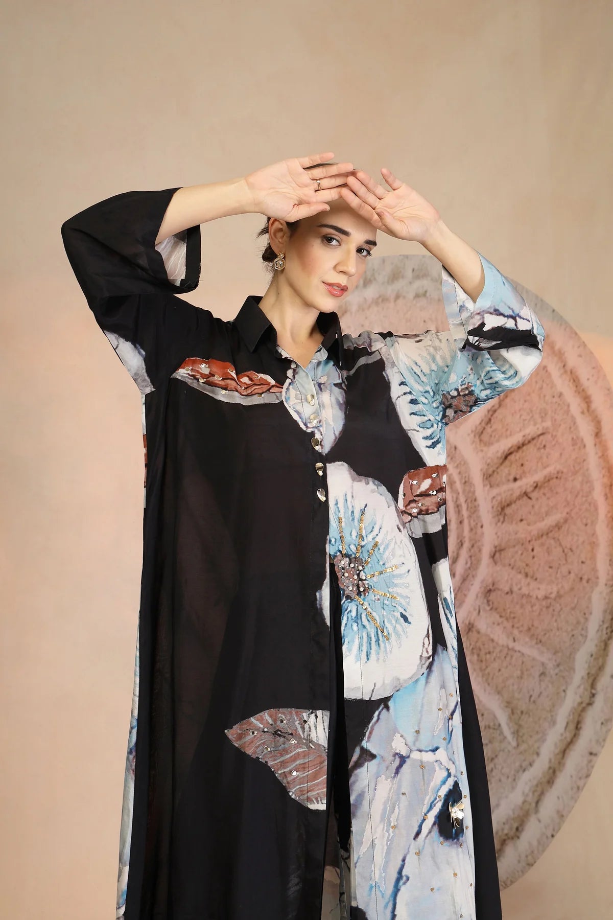 Charcoal Black Muslin Silk Kurta Set with Coral Print & Bead Embroidery