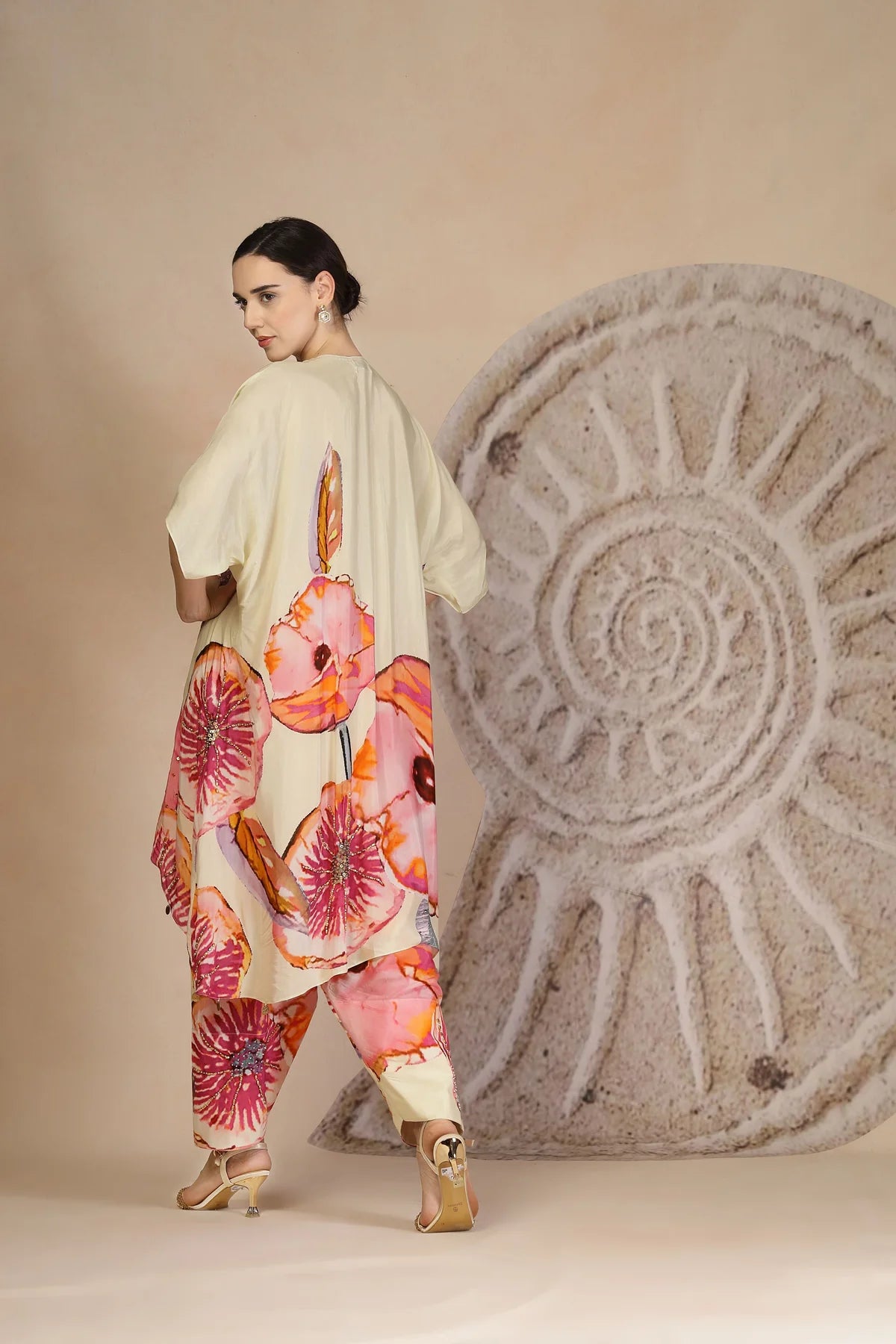Ivory Coral Printed Kurta Set in Muslin Silk with Bead Detailing