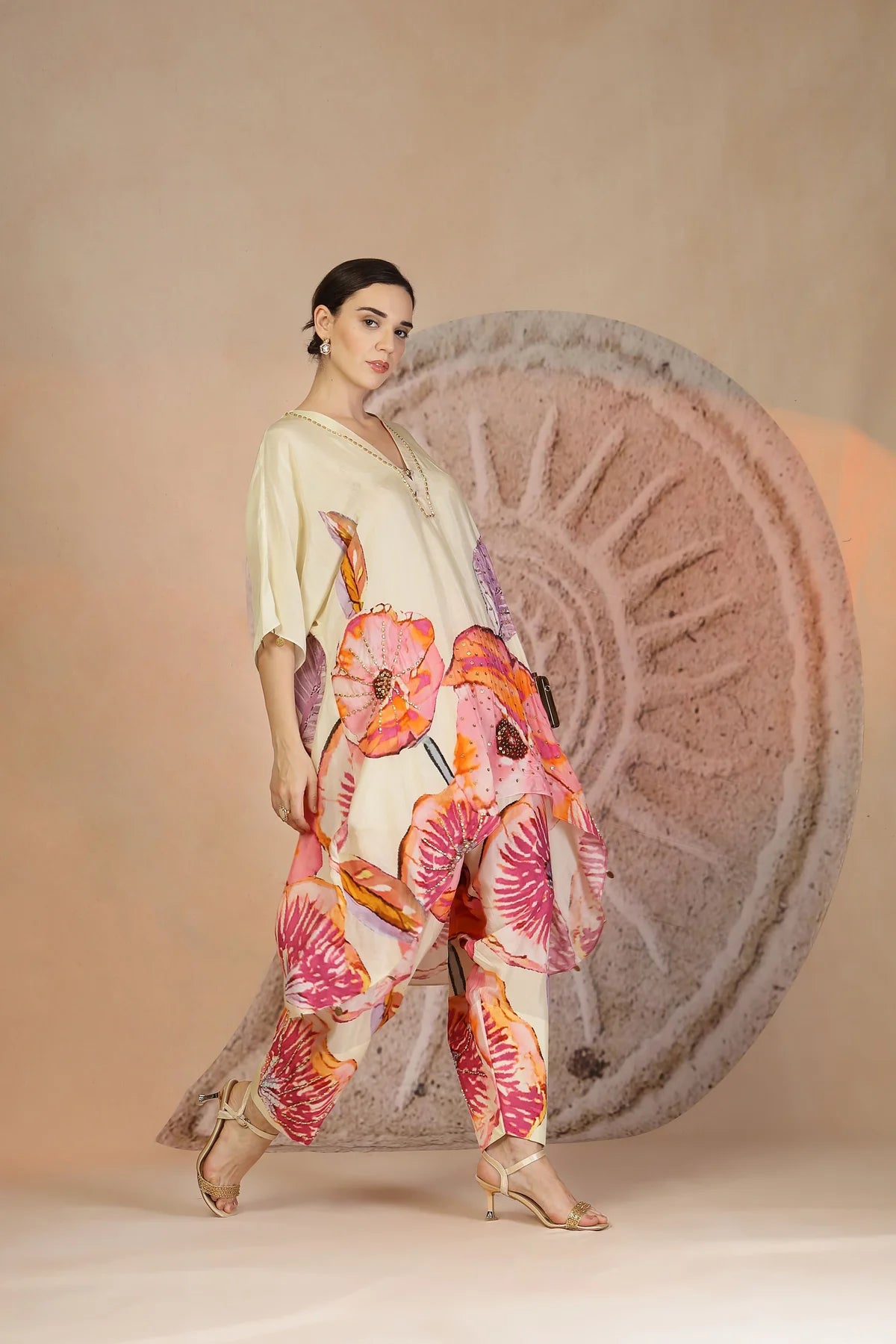 Ivory Coral Printed Kurta Set in Muslin Silk with Bead Detailing