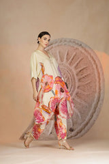 Ivory Coral Printed Kurta Set in Muslin Silk with Bead Detailing
