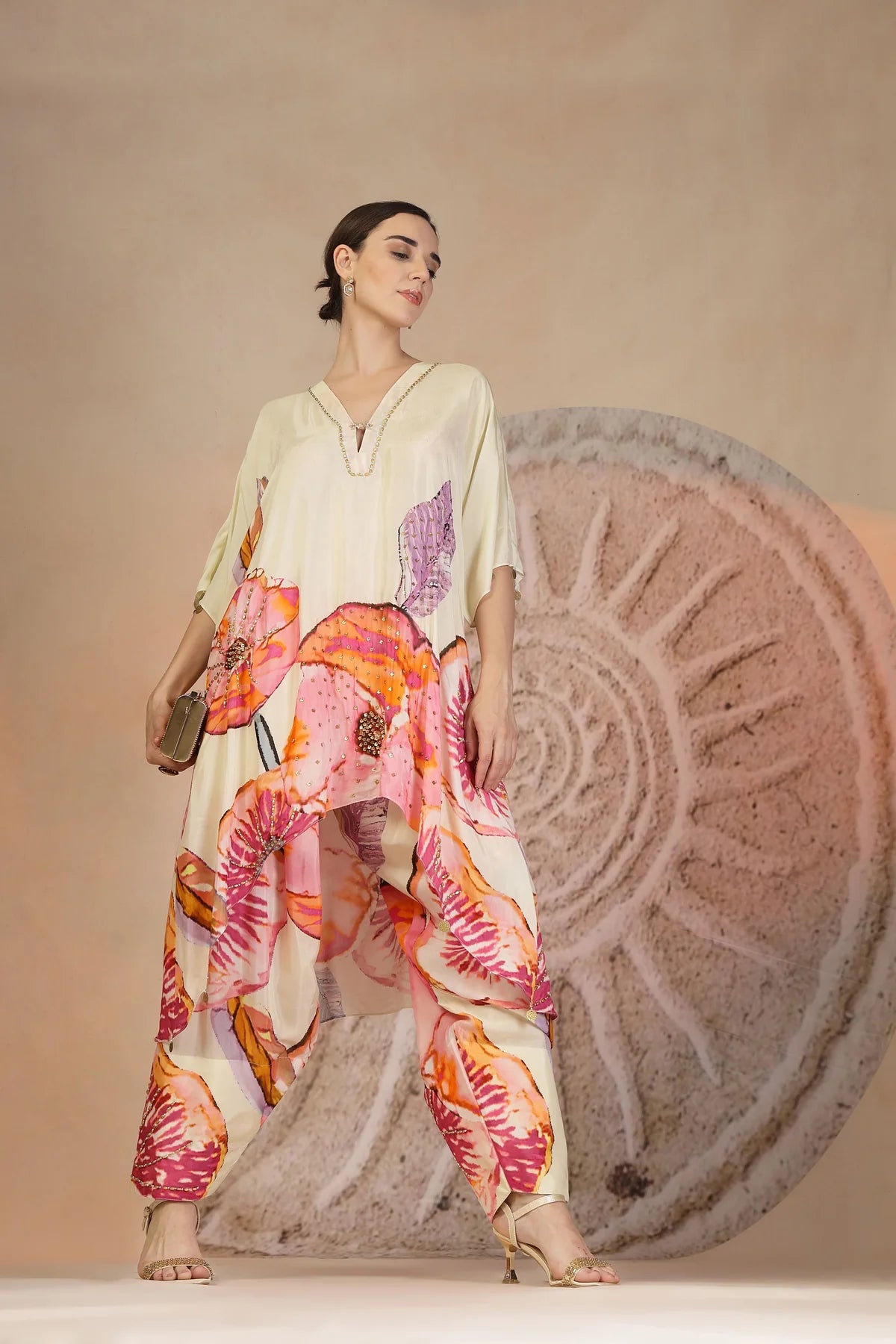 Ivory Coral Printed Kurta Set in Muslin Silk with Bead Detailing
