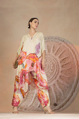 Ivory Coral Printed Kurta Set in Muslin Silk with Bead Detailing