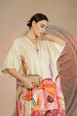 Ivory Coral Printed Kurta Set in Muslin Silk with Bead Detailing