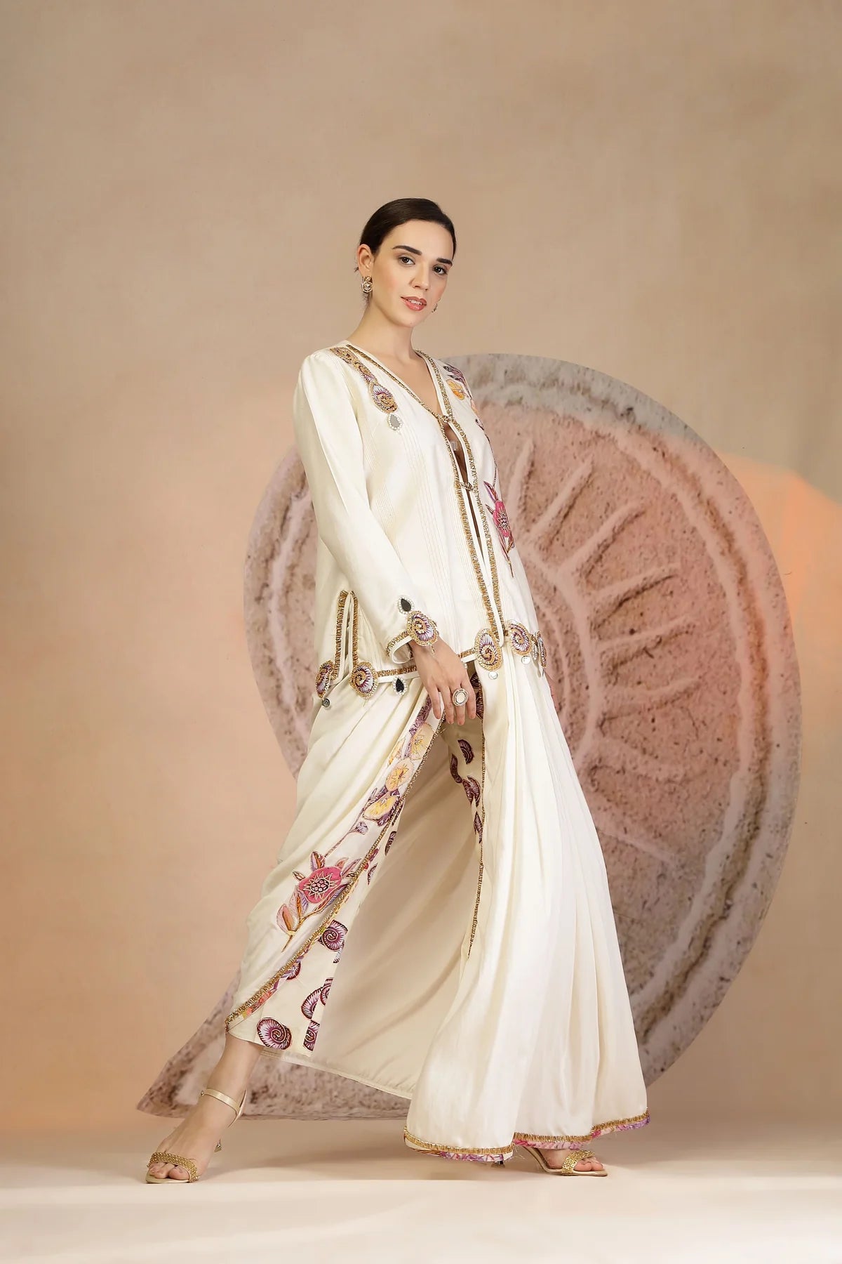 Golden Beige Draped Dhoti Pants Set with Button-Down Blouse & Patchwork Detailing