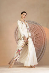Golden Beige Draped Dhoti Pants Set with Button-Down Blouse & Patchwork Detailing
