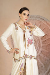 Golden Beige Draped Dhoti Pants Set with Button-Down Blouse & Patchwork Detailing