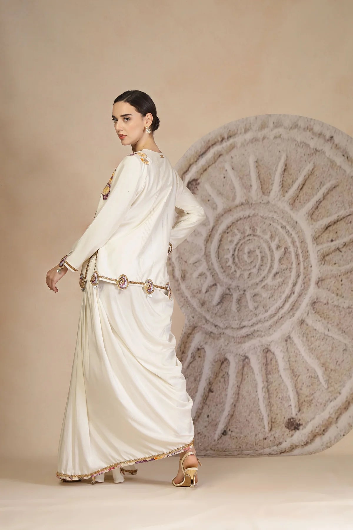 Golden Beige Draped Dhoti Pants Set with Button-Down Blouse & Patchwork Detailing