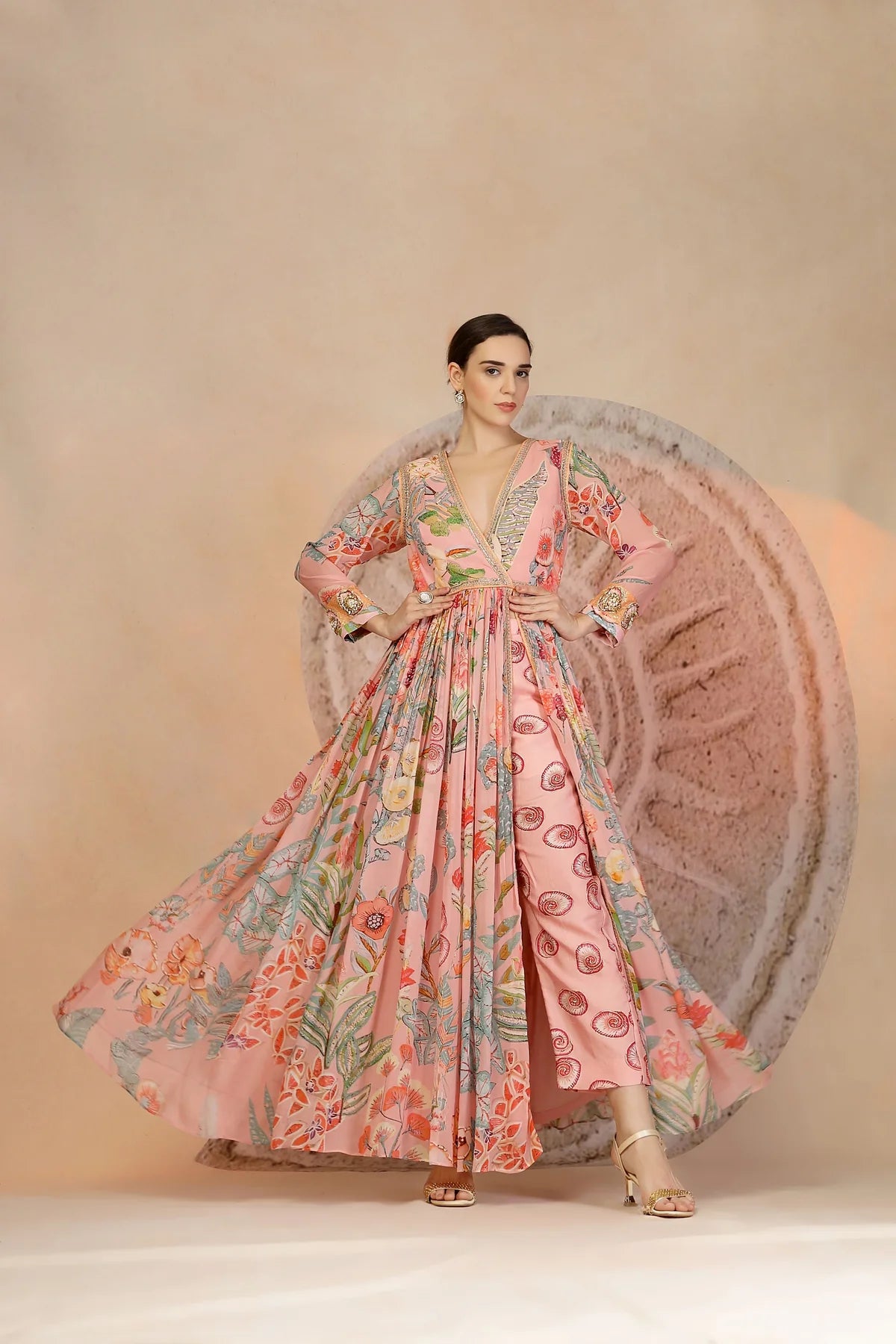 Pastel Pink Anarkali Kurta Set with Coral Print Pants & Embroidery