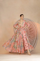 Pastel Pink Anarkali Kurta Set with Coral Print Pants & Embroidery