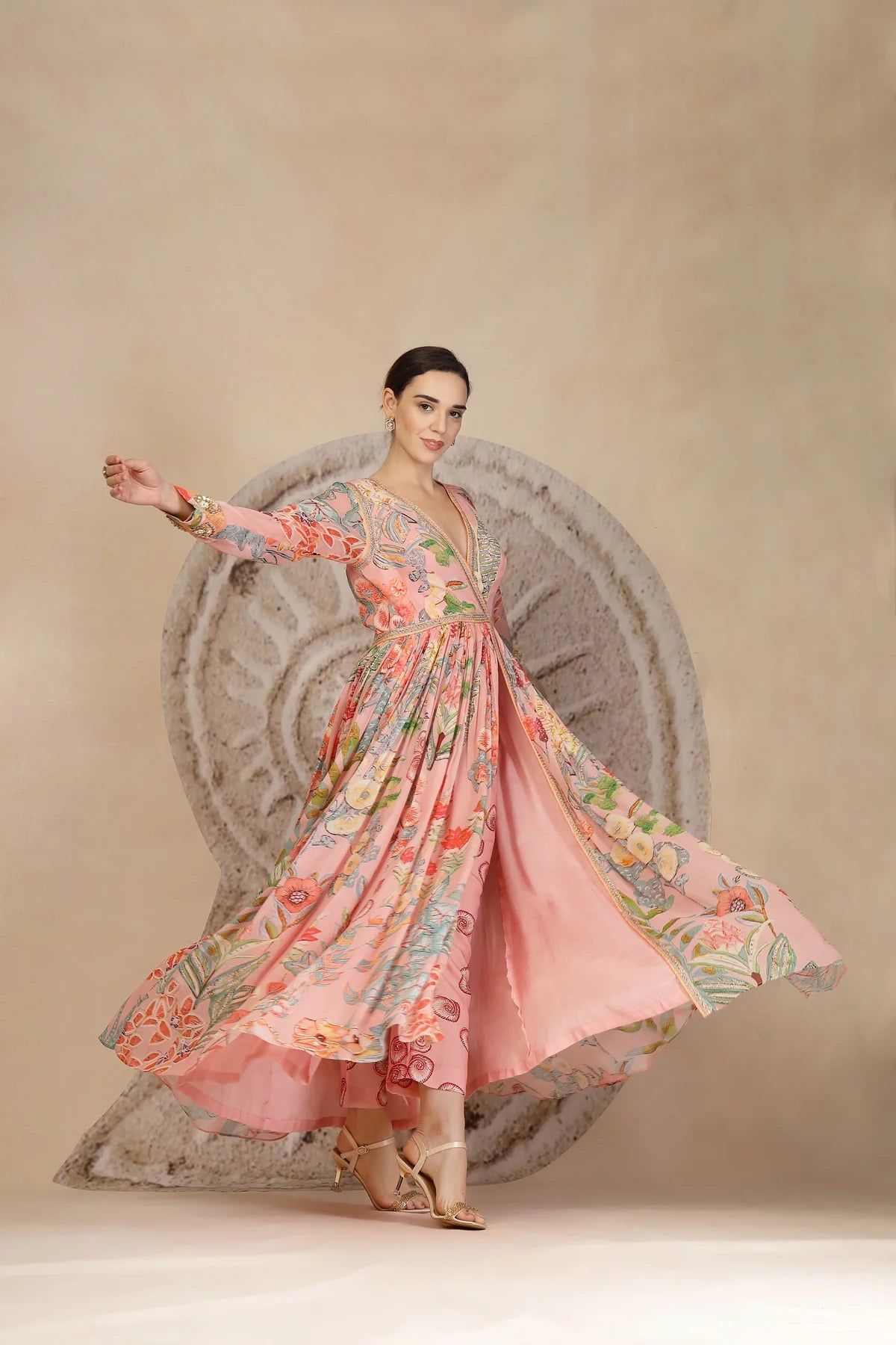 Pastel Pink Anarkali Kurta Set with Coral Print Pants & Embroidery