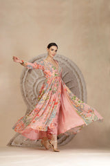Pastel Pink Anarkali Kurta Set with Coral Print Pants & Embroidery