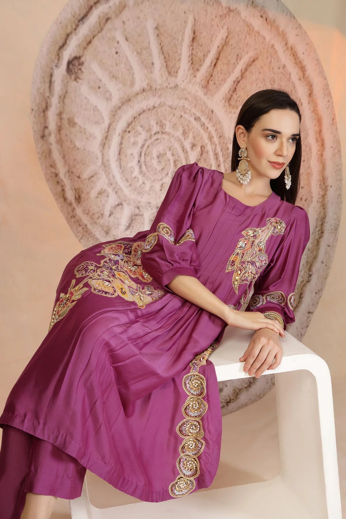 Purple Muslin Kurta & Pant Set with Balloon Sleeves and Detailing