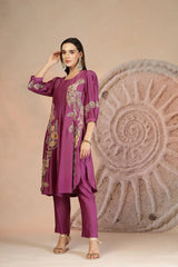 Purple Muslin Kurta & Pant Set with Balloon Sleeves and Detailing